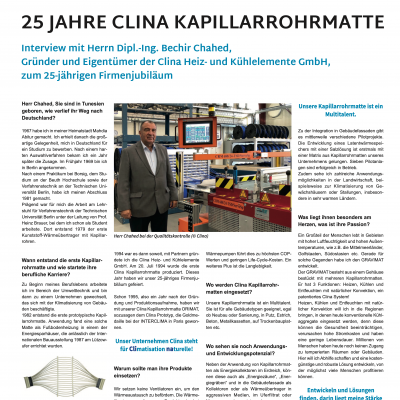 Zeitungsausschnitt CCI "25 Jahre Clina Kapillarrohrmatte"